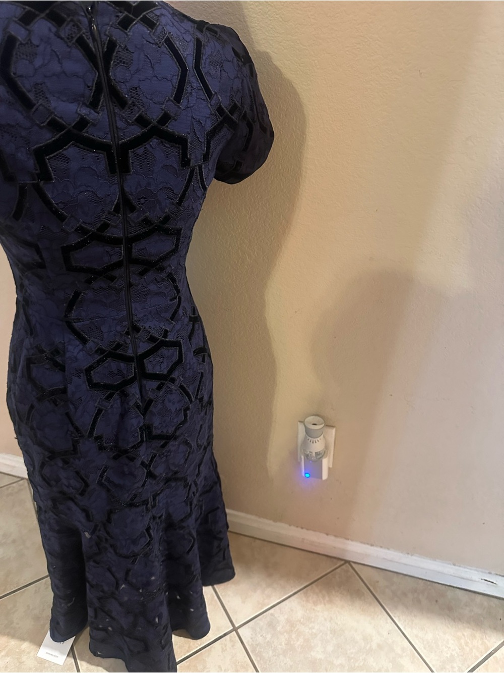 Milly Navy Blue Lace Maxi Dress with Black Velvet Geometric Overlay - Picture 2 of 3